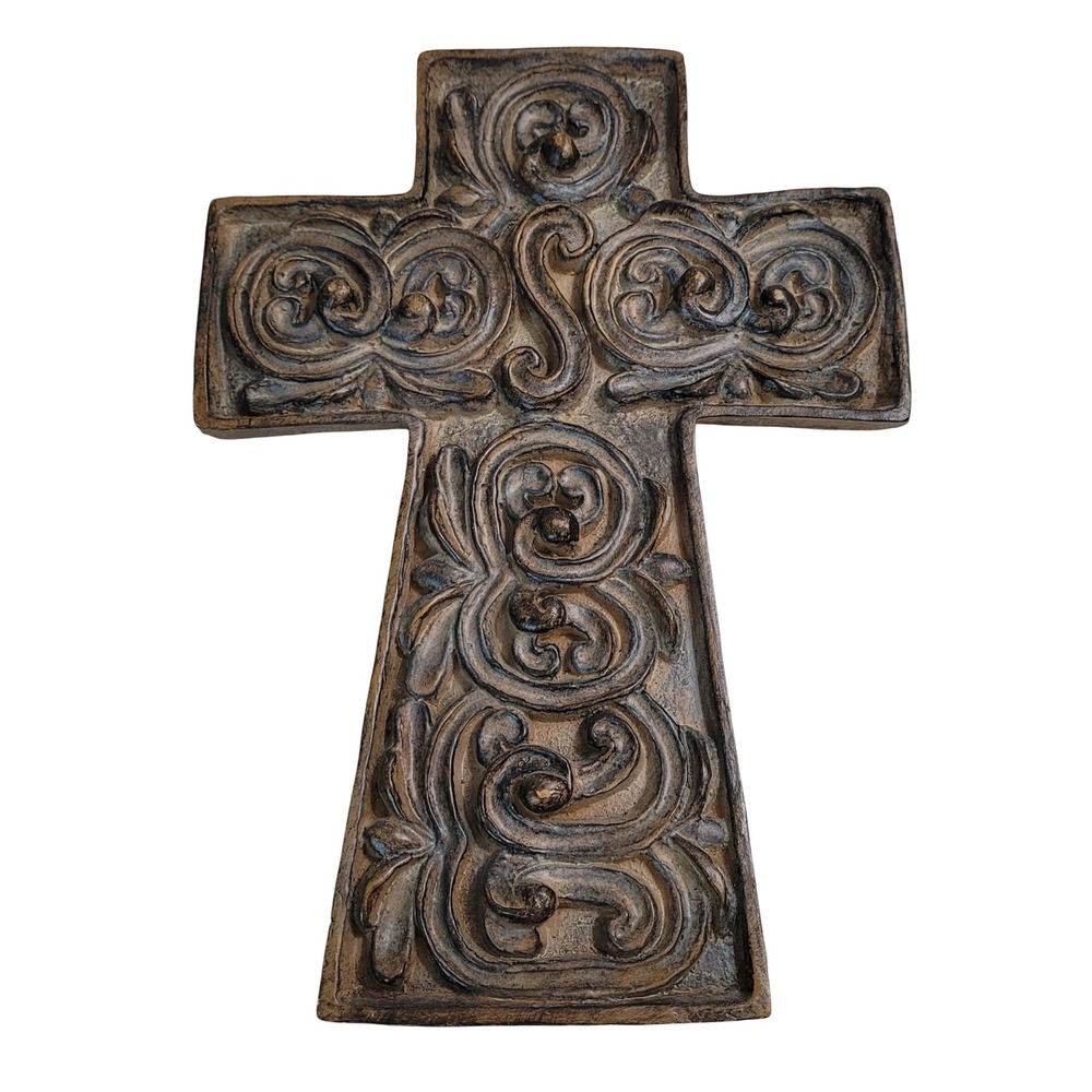 Ornate Scrollwork Wall Cross Bronze Finish Rustic Religious Home Decor 9.5 Inch